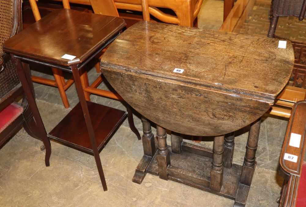 An 18th century style oak gateleg occasional table, W.66cm, D.38cm, H.70cm together with an Edwardian two tier table